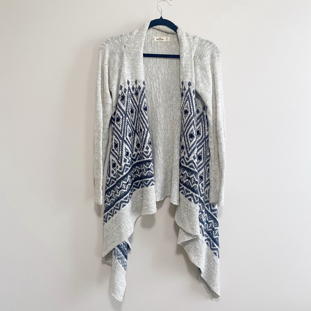 Hollister Long Waterfall Open Front Knit Cardigan Sweater Aztec Print Size Small